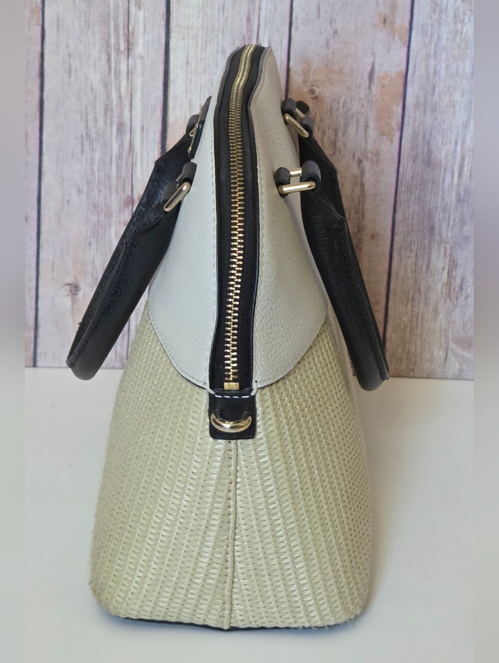 kate spade Cream & Black Dome Satchel with Woven Base - Picture 5 of 16